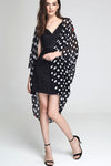 Model wearing black chiffon kimono with hearts & circle facing forward